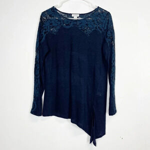 Sundance Shirt Womens Size Small Navy Blue Lace Trim Long Sleeve Trim